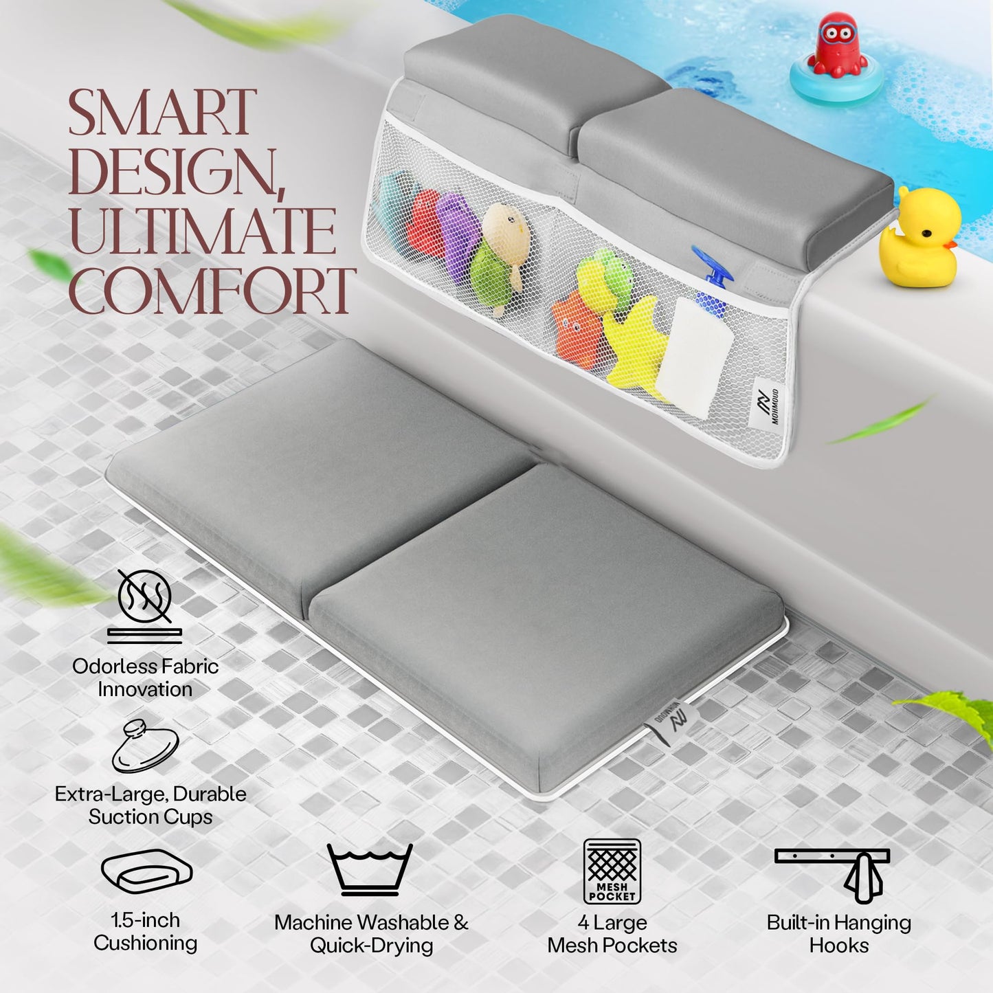 Mohmoud Baby Bath Kneeler and Elbow Rest Pad Set | Extra Thick Padding, Non-Slip, Machine Washable, Odorless - Includes Baby Bath Accessories in a Gift Ready Tote Bag - Baby & Toddler Bath Essentials
